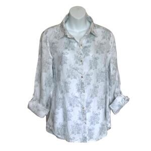 Shabby Chic 100% Linen Floral Print Button Down Shirt Women’s Large